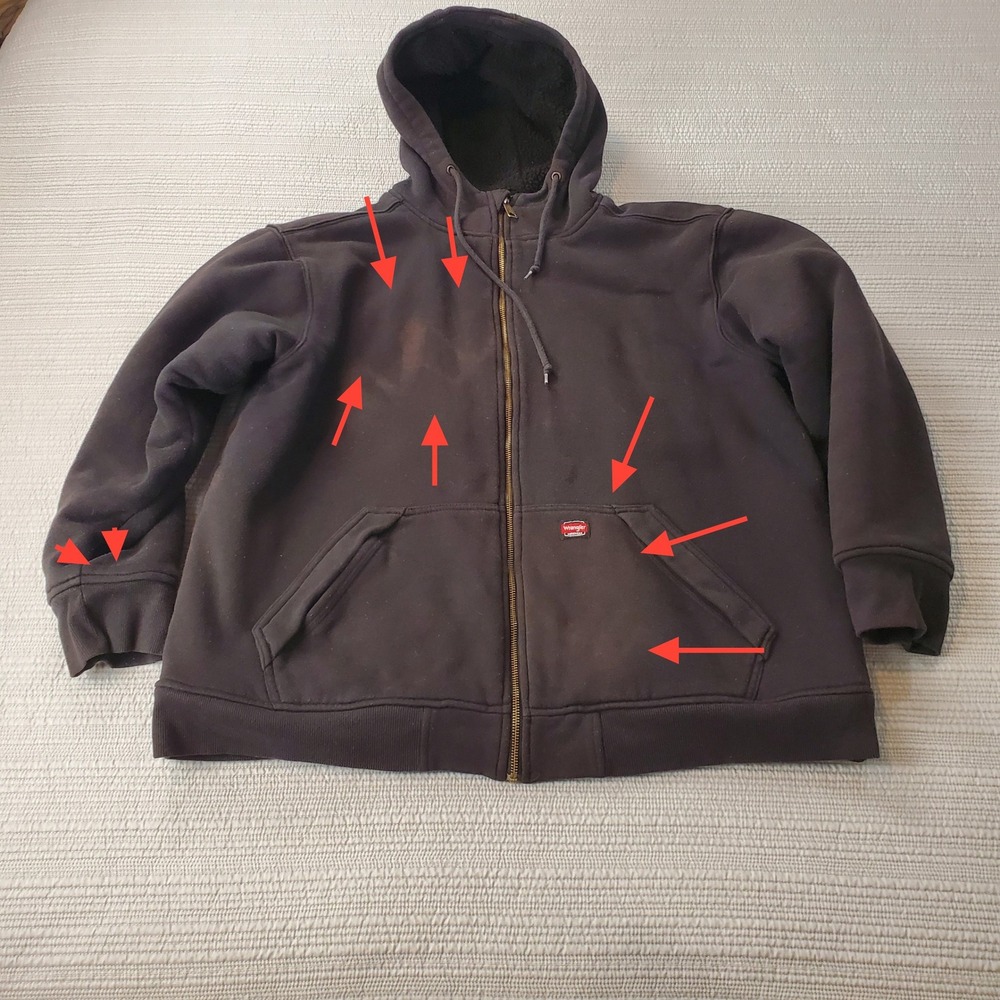Wrangler Workwear Sherpa Lined Full Zip Hoodie Mens XL Black Distressed Stained